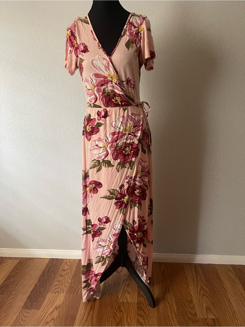Popular Basics Pink Floral Wrap Maxi Dress with Burgundy Accents